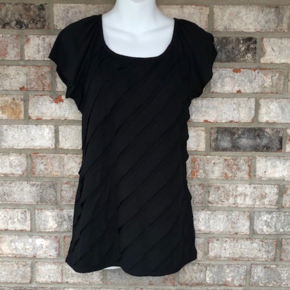 AB Studio Tops - AB STUDIO DIAGONAL TIERED RUFFLED BLACK TOP